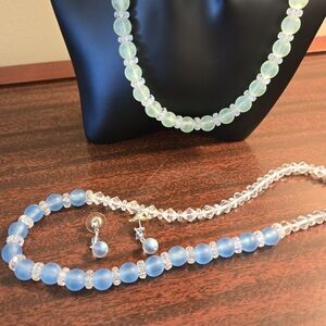 Vintage Beaded Necklaces – Green Necklace, Blue Necklace & Matching Earrings